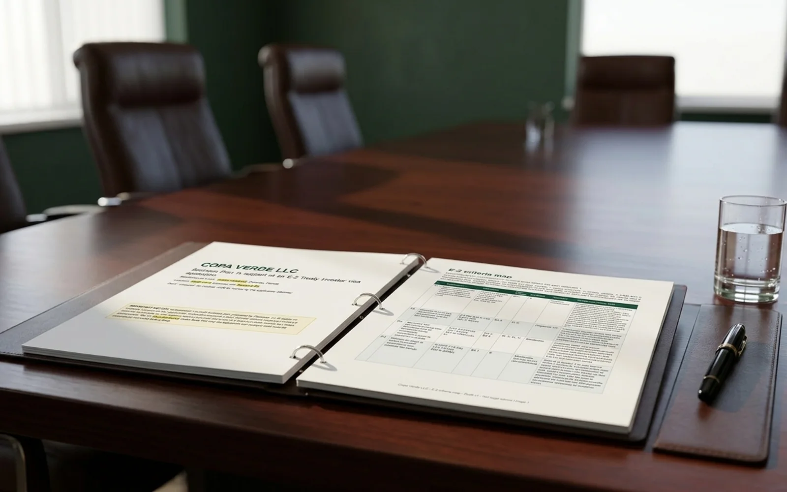 Passage's showcase pages shown in a photographic mockup: a bound business plan lying on a boardroom table with a fountain pen and a glass of water