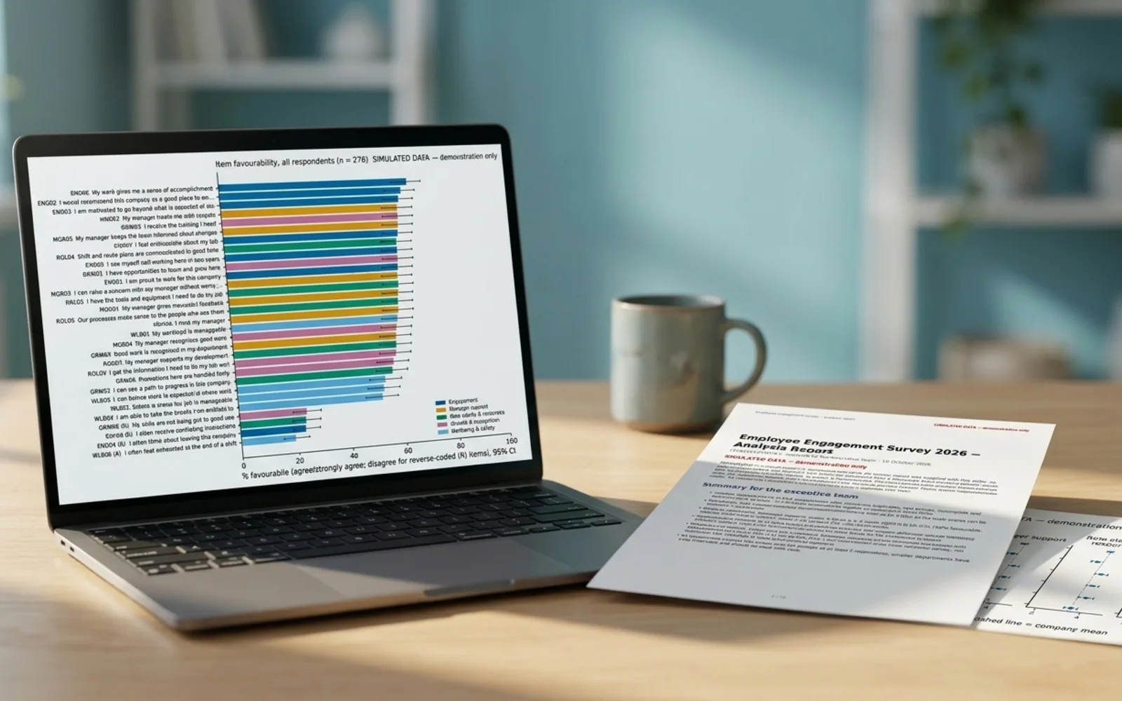 Quartile's showcase pages shown in a photographic mockup: a laptop on a desk showing the chart, a printed page with the table beside it, morning light