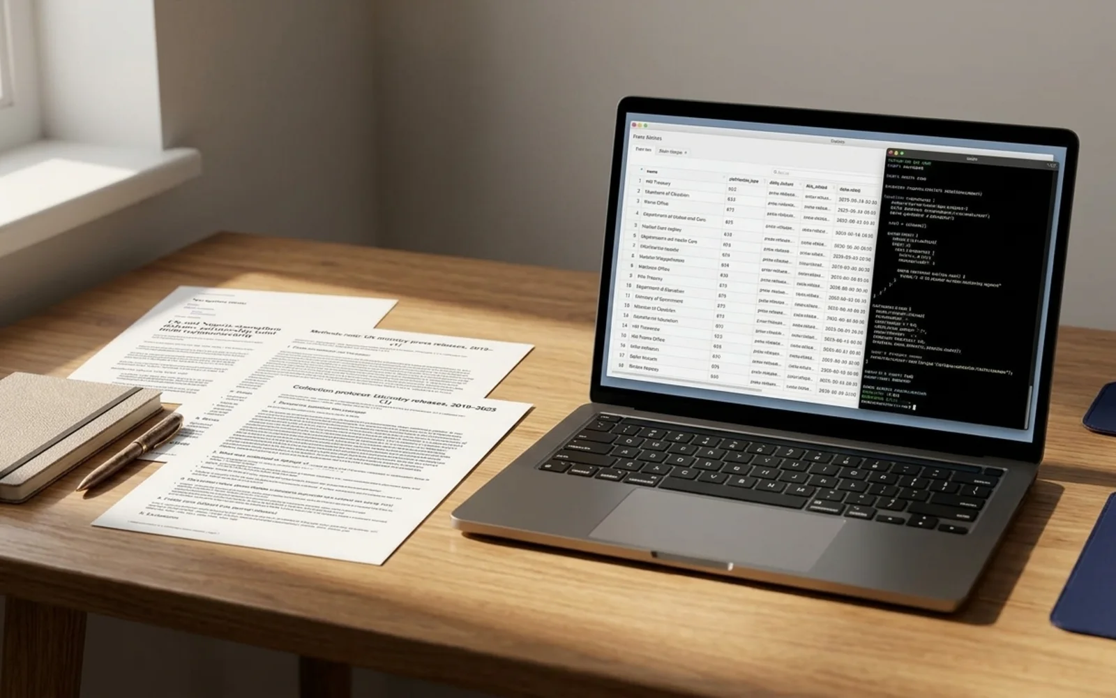 Provenance's showcase pages shown in a photographic mockup: a laptop on a desk showing the data table, a terminal window beside it, a notebook and pen