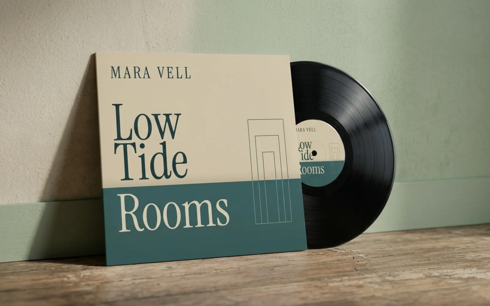 Lacquer's showcase pages shown in a photographic mockup: a 12-inch vinyl record sleeve leaning against a plaster wall on a wooden floor, the record half out