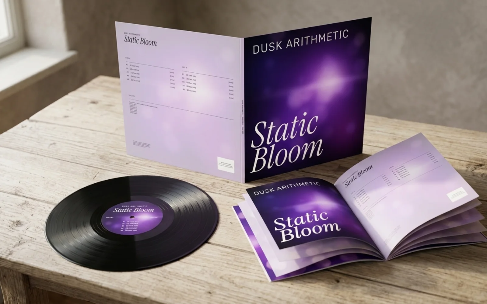 Gatefold's showcase pages shown in a photographic mockup: a gatefold vinyl sleeve open on a table with the booklet and a labelled record beside it