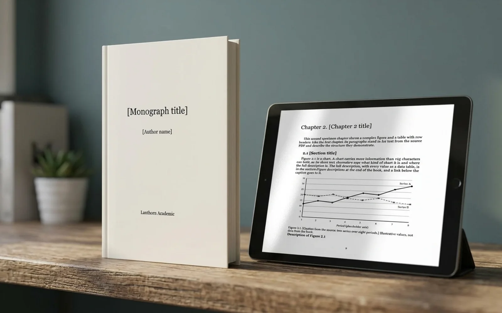 Imprimatur's showcase pages shown in a photographic mockup: a paperback book standing on a wooden shelf beside a tablet showing the ebook page
