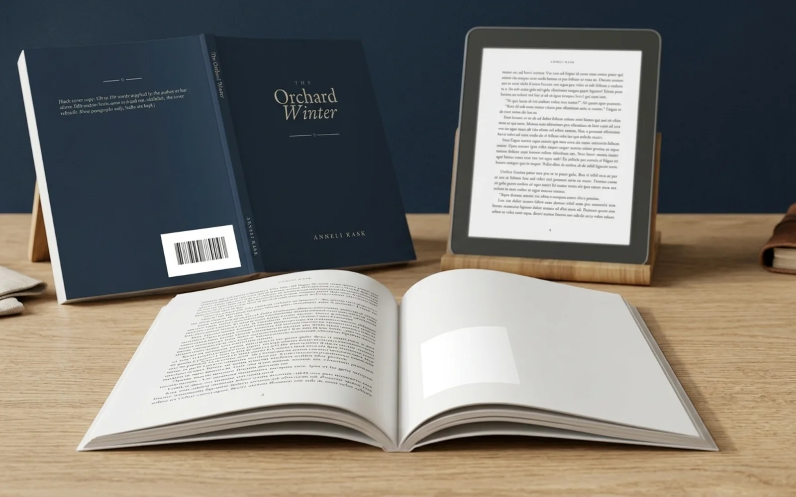 Octavo's showcase pages shown in a photographic mockup: a paperback and its open interior spread on a desk, with the ebook on a tablet behind them