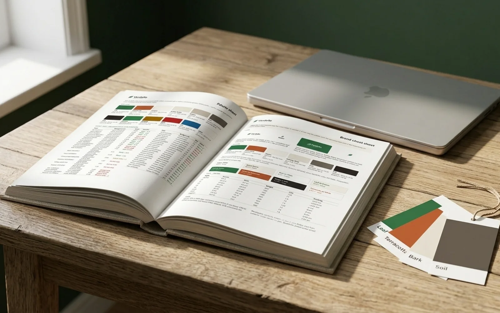 Livery's showcase pages shown in a photographic mockup: the brand guide open on a desk to a colour page, printed swatches and a laptop beside it