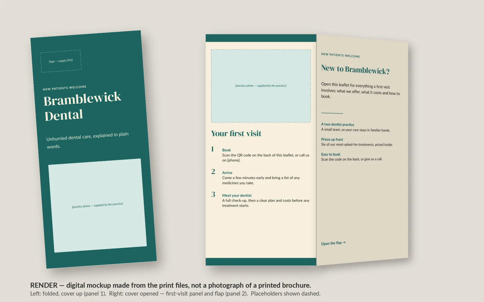 Concertina: Folded mockup, a digital render, labelled as one (closed, and with the cover opened)