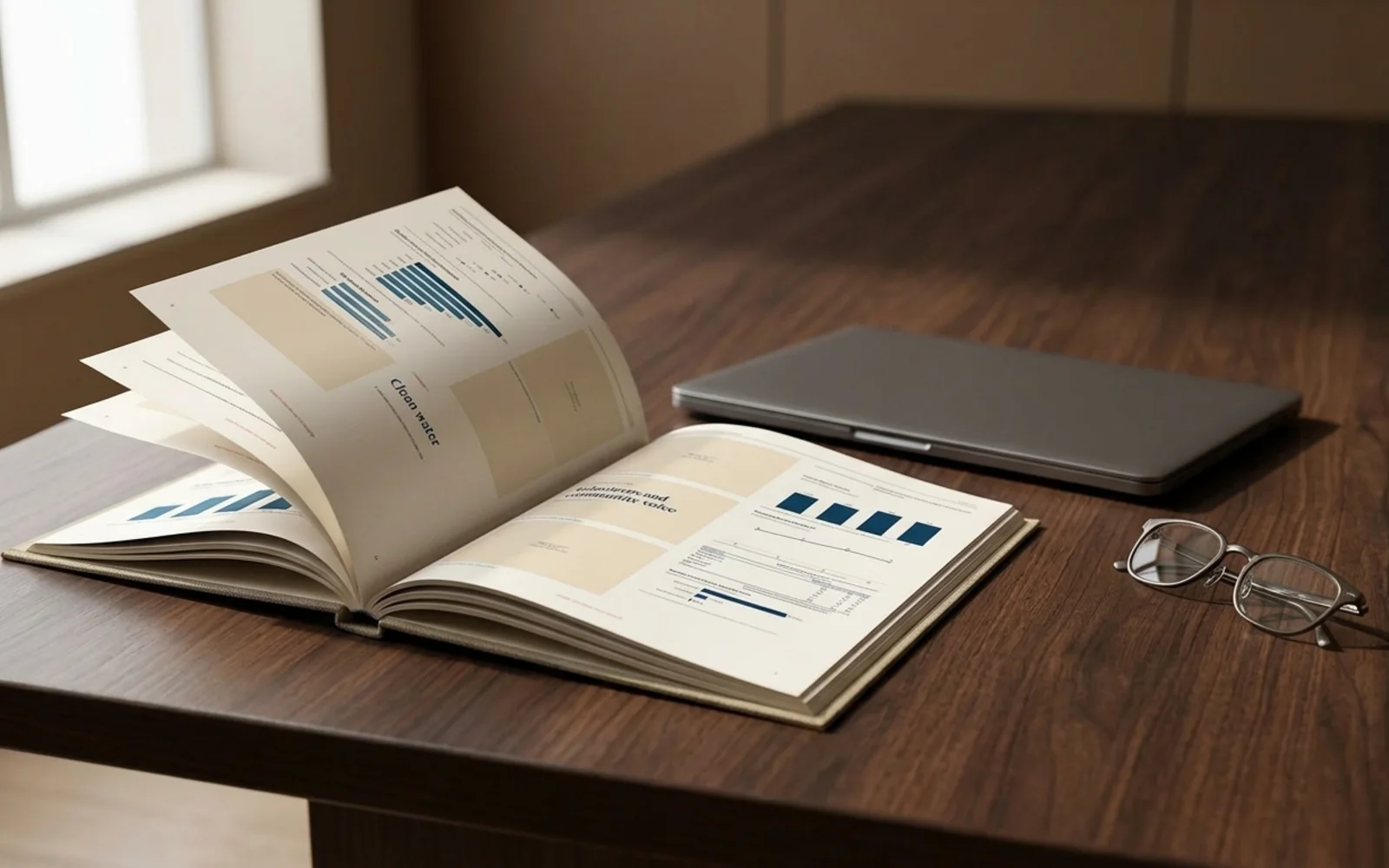 Pica's showcase pages shown in a photographic mockup: a bound report lying on a dark conference table next to a closed laptop and reading glasses