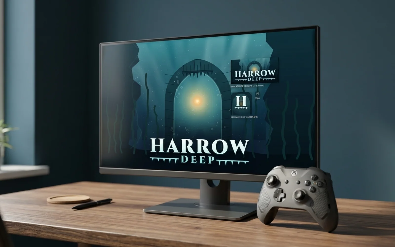 Keyart's showcase pages shown in a photographic mockup: a monitor on a desk showing a game store page with this key art, a controller beside it