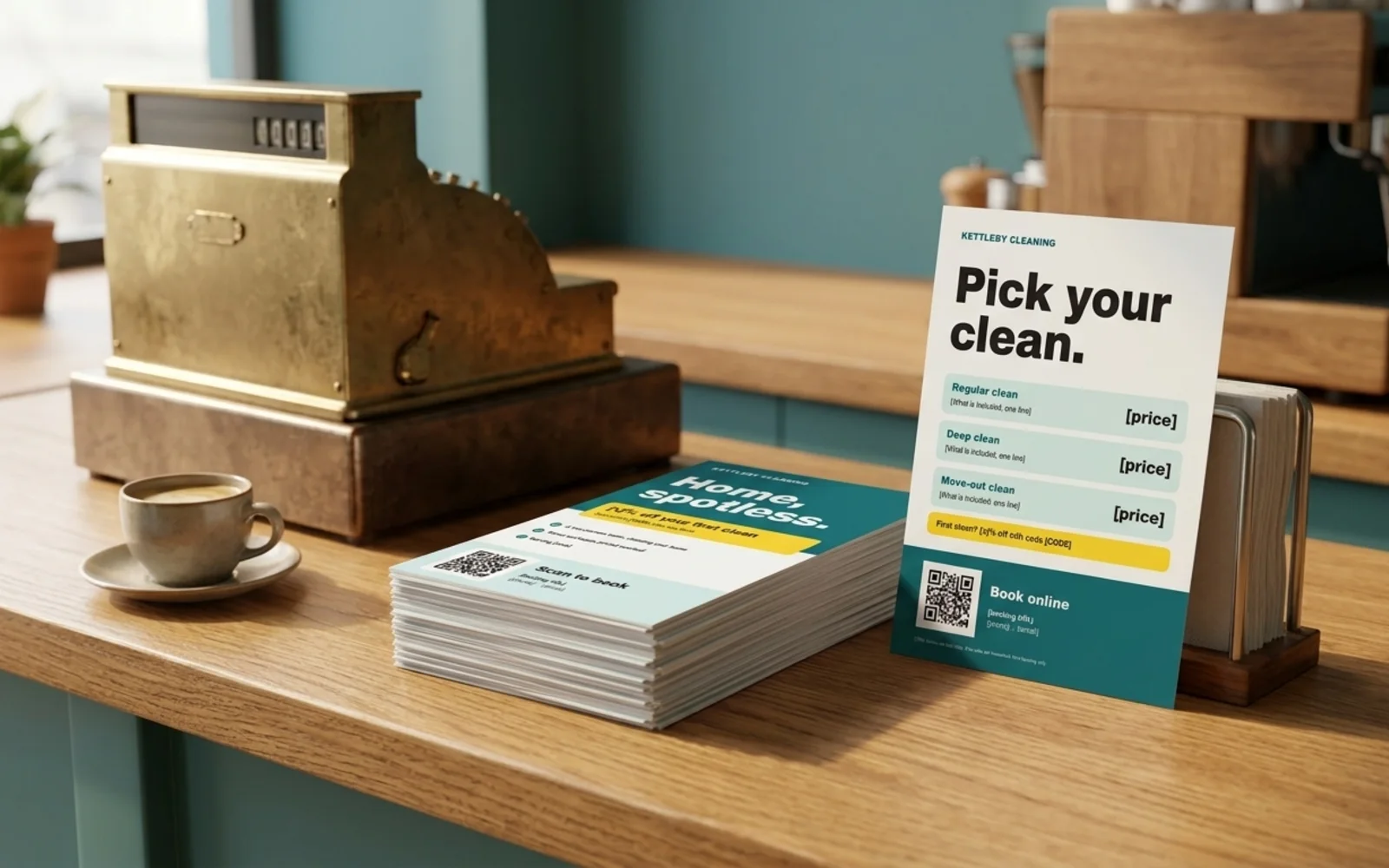 Handbill's showcase pages shown in a photographic mockup: a stack of flyers on a café counter next to the till, one propped against a napkin holder