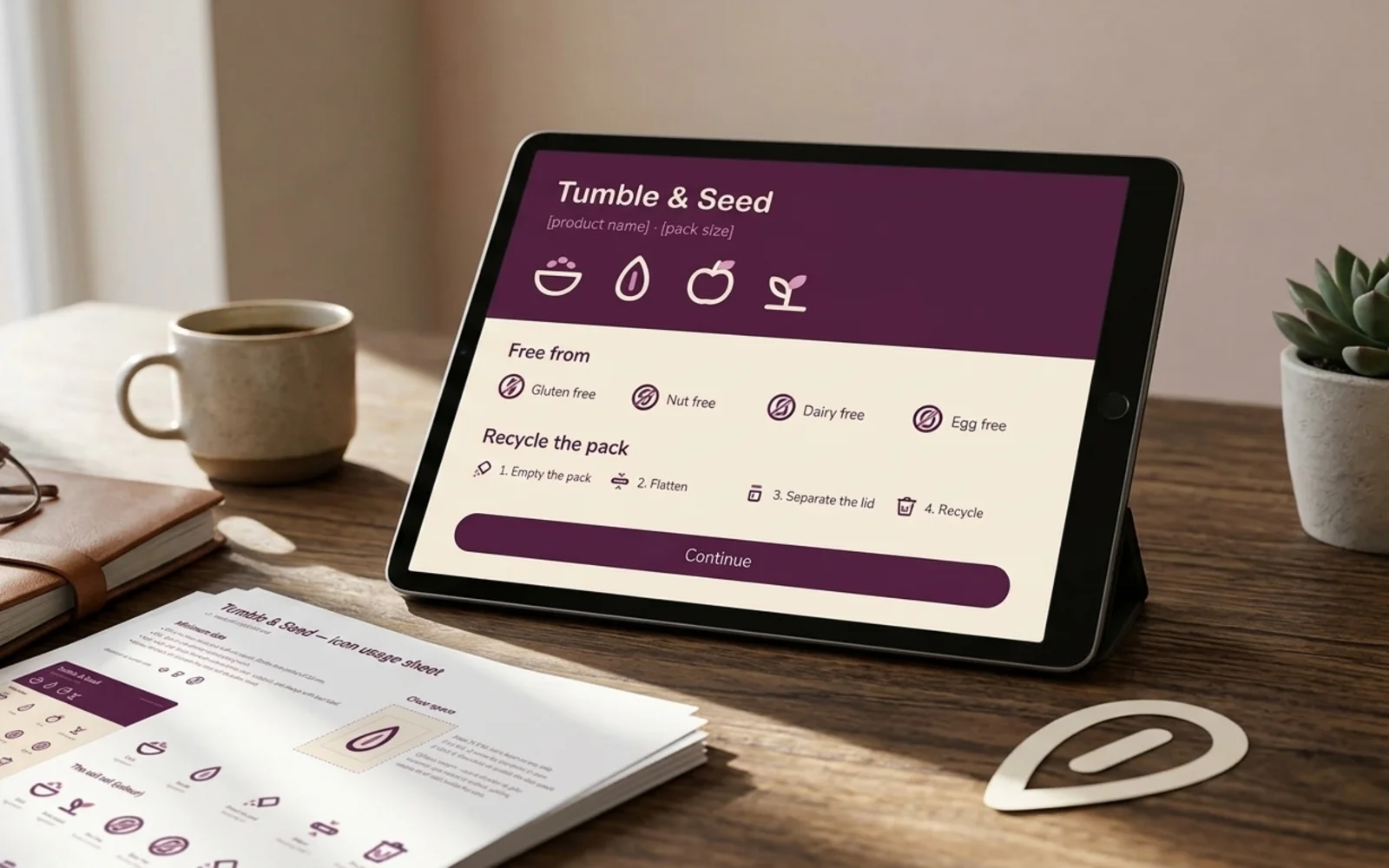 Fleuron's showcase pages shown in a photographic mockup: a tablet on a desk showing an app settings screen built with these icons, close-up with shallow focus