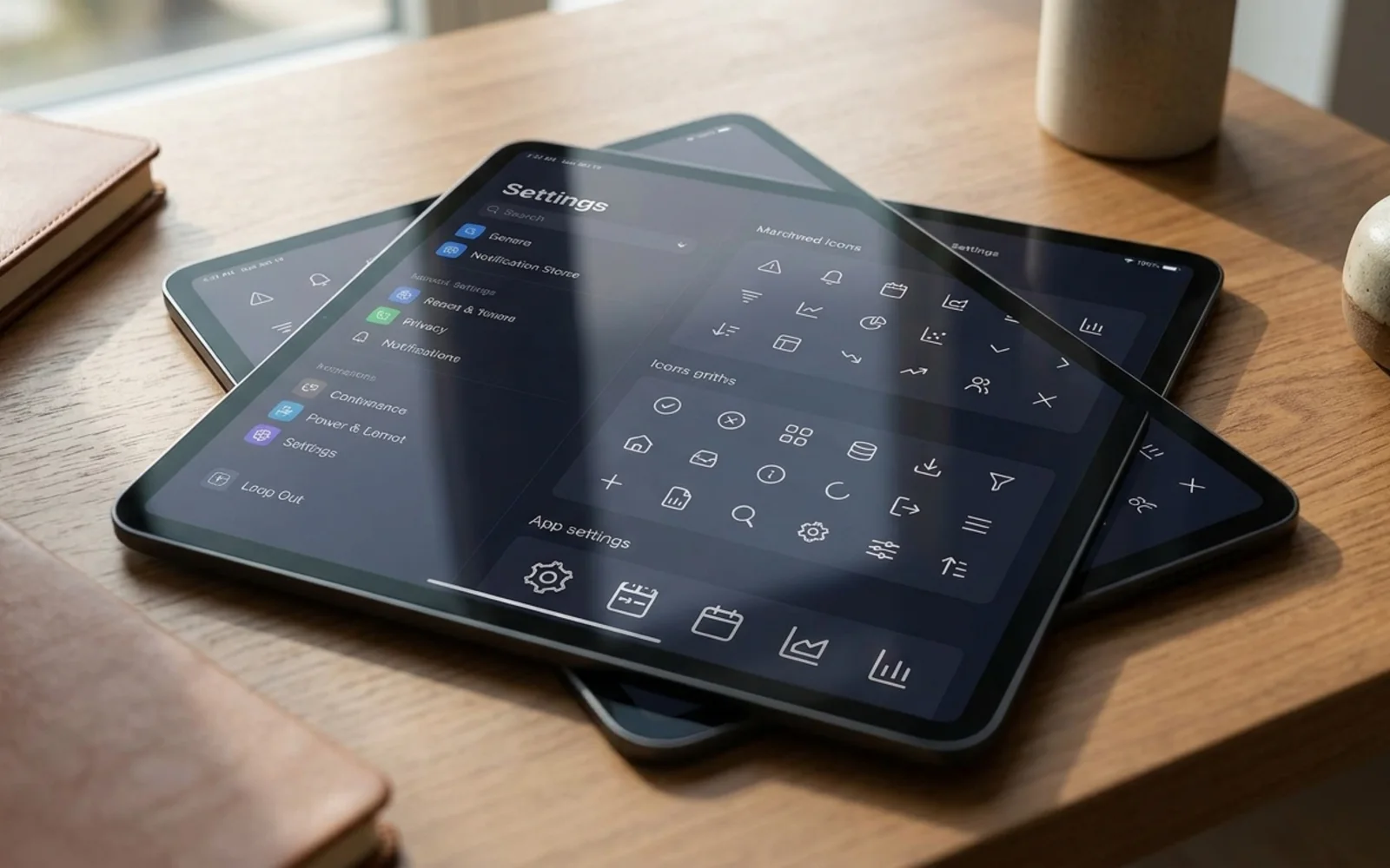 Viewbox's showcase pages shown in a photographic mockup: a tablet on a desk showing an app settings screen built with these icons, close-up with shallow focus