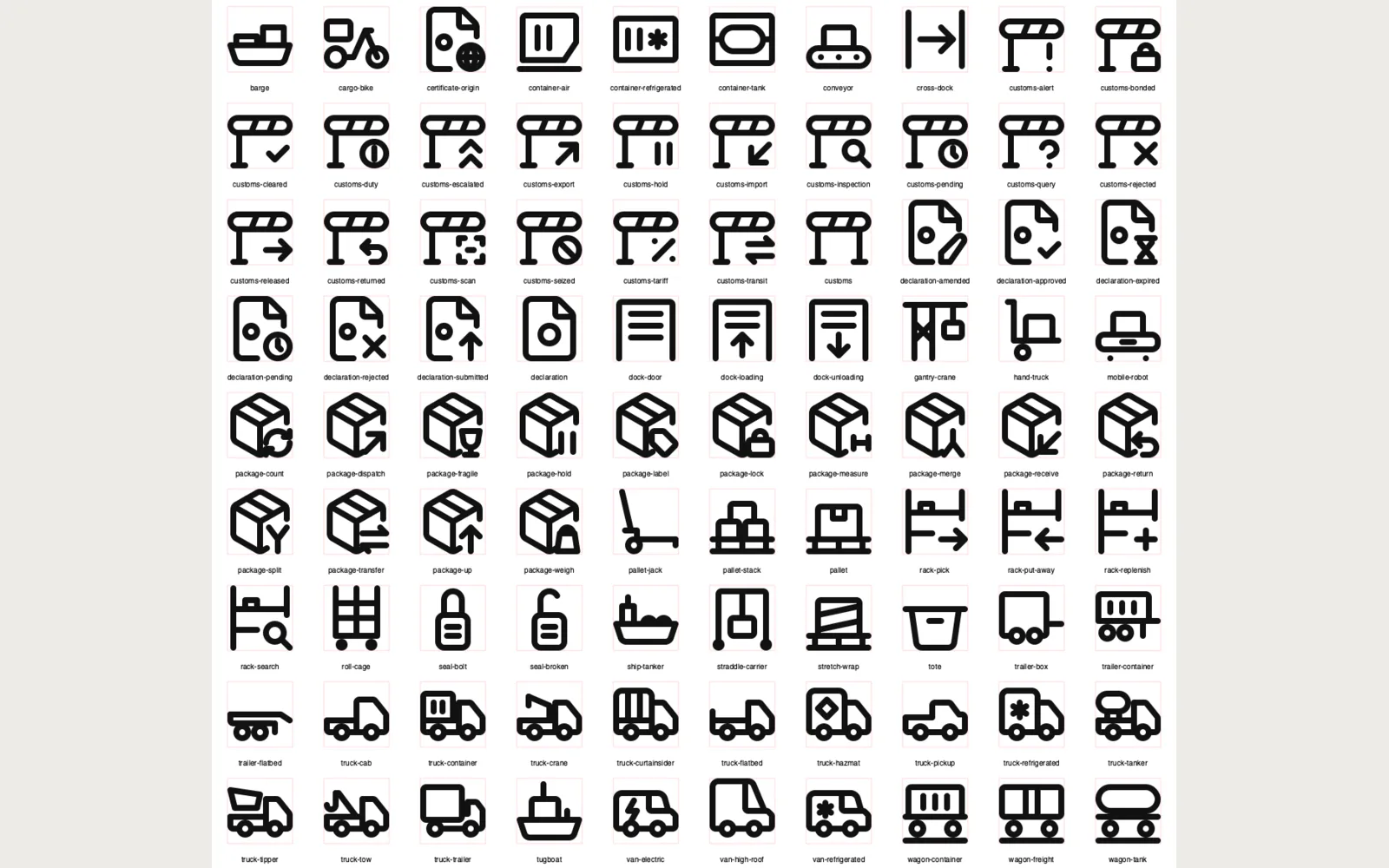 Pictogram: internal review sheet: all 90 at 96 px with names and the padding box