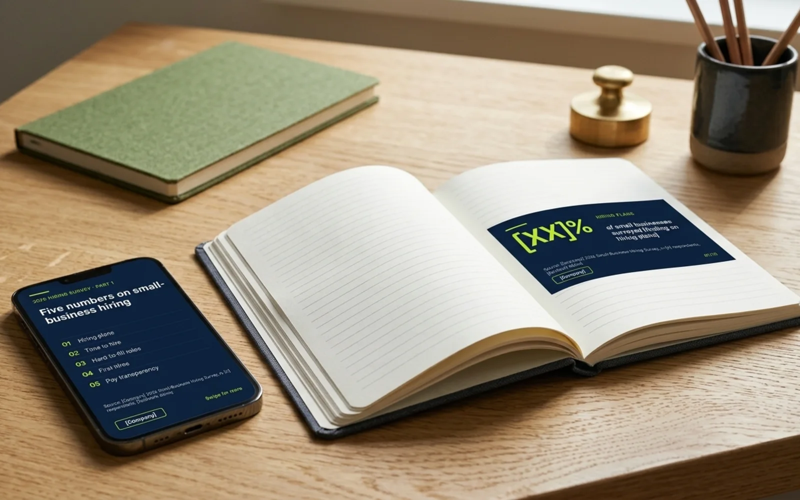 Ticker's showcase pages shown in a photographic mockup: the infographic on a phone screen next to a notebook on a desk