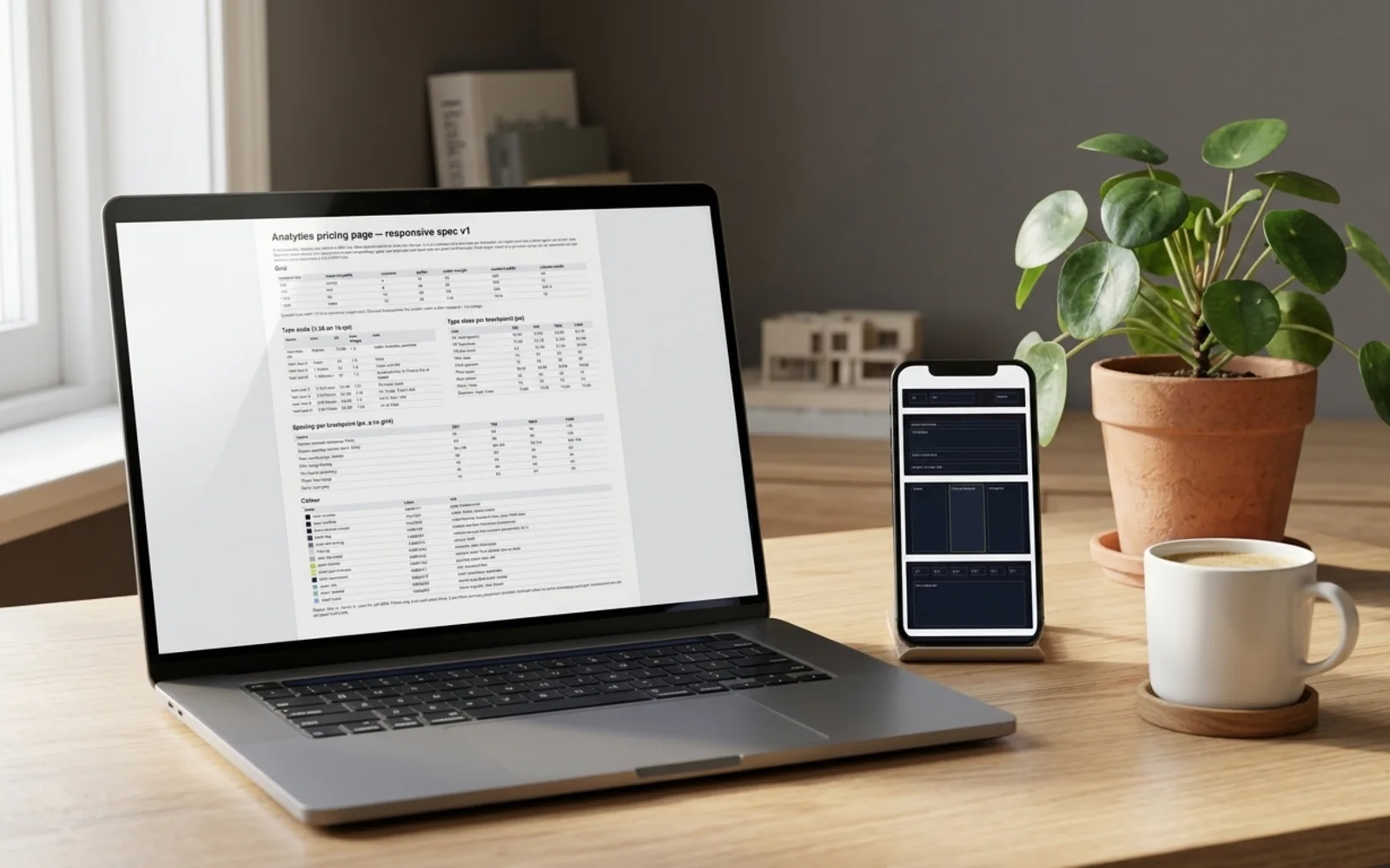 Breakpoint's showcase pages shown in a photographic mockup: a laptop and a smartphone on a desk showing the landing page, a plant and coffee nearby