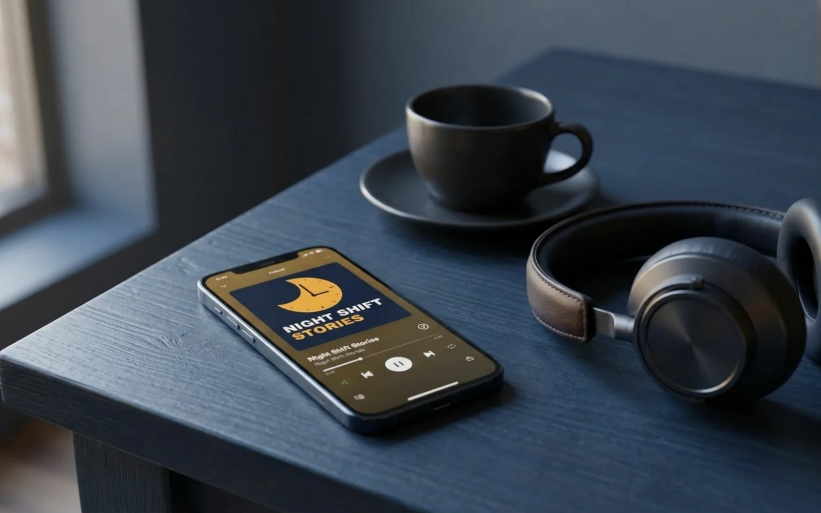 Squarewave's showcase pages shown in a photographic mockup: a smartphone lying on a café table showing the cover in a podcast player, headphones beside it