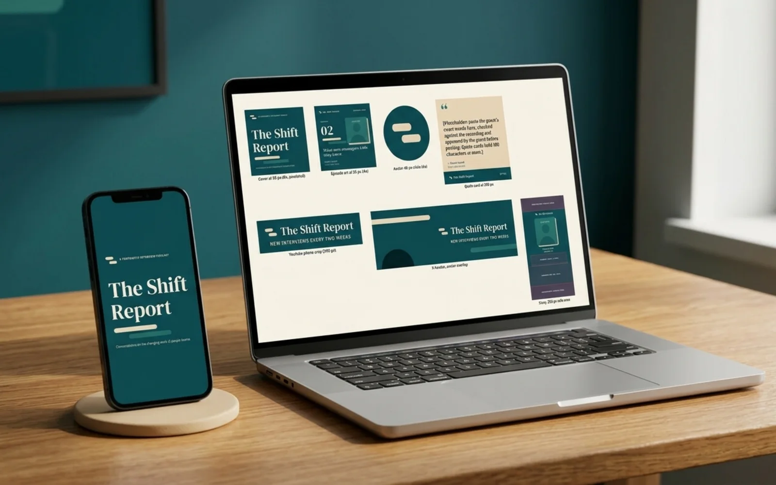 Showcard's showcase pages shown in a photographic mockup: a laptop and a phone on a desk, both showing the show artwork and an episode card