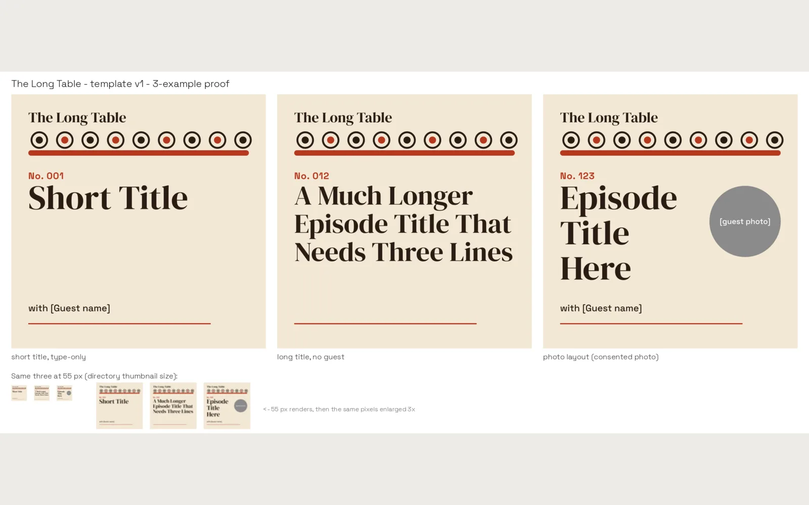 Episodic: 3-example template proof, with 55 px thumbnails