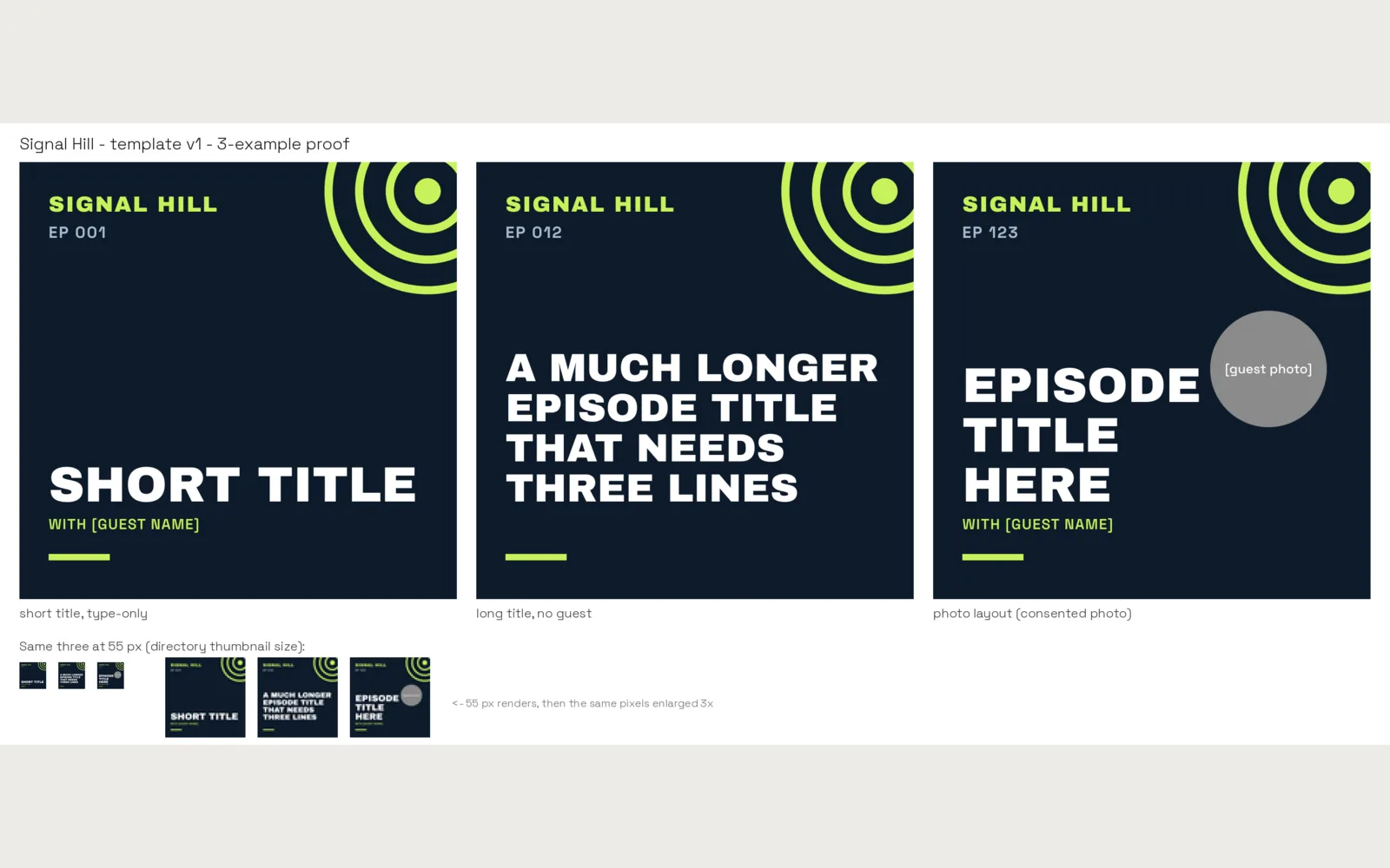 Episodic: 3-example template proof, with 55 px thumbnails