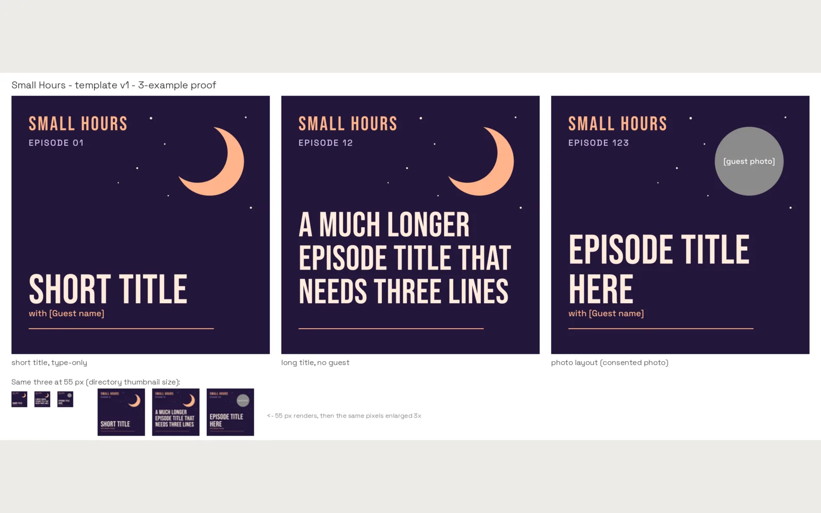 Episodic: 3-example template proof, with 55 px thumbnails