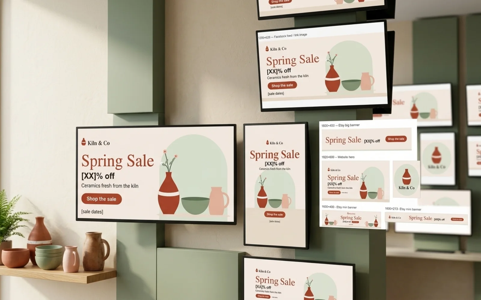 Bunting's showcase pages shown in a photographic mockup: a wall of monitors in an office each showing the banner at a different size