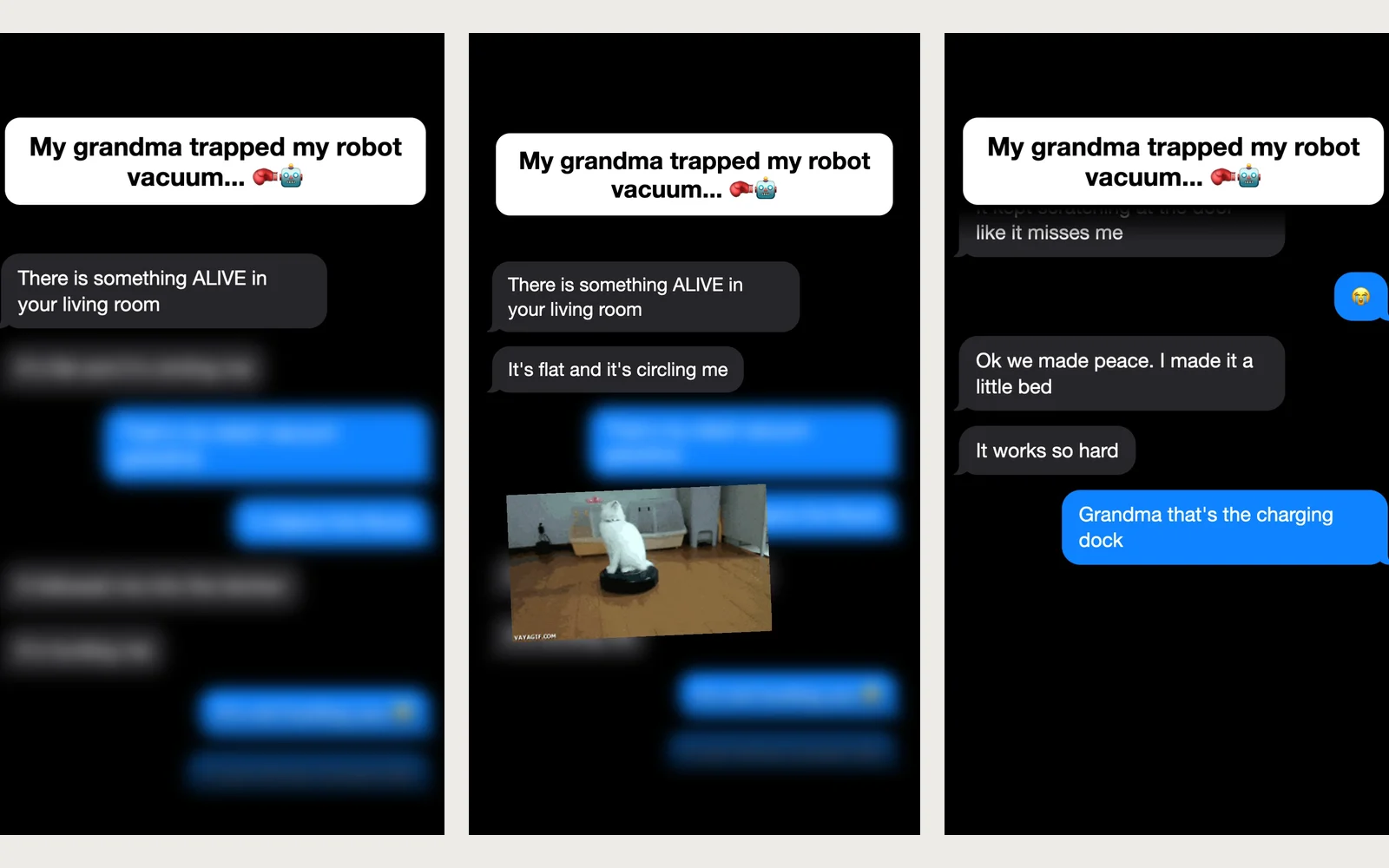 The grandma-versus-vacuum episode: chat bubbles revealed one at a time out of a blurred stack while a song sings the lines